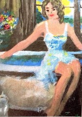 ACEO Original Art PRETTY WOMAN SITTING ON CLAWFOOT TUB – 2.5×3.5”