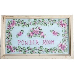 Powder Room Sign, Handpainted Art, Glass, Pink Roses, Foliage, Shabby Chic, 30″w