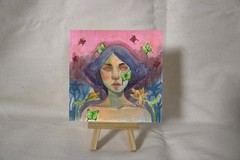 Original Watercolor Floral Portrait 5×5, Woman with Butterflies