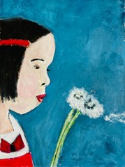 Acrylic Portrait Painting Original 9×12 Child & Dandelions Summer Art