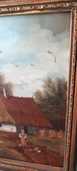 Oil Painting Art Oil on Wood Peasant Woman with Chickens 33x28cm
