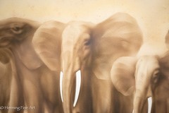 Beautiful Antique Painted Litho Elephant Family Illegibly Signed Framed 19 x 30″