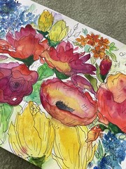 Original Watercolor Whimsical. Unframed—Flowers-Leaves-Bright Colors, unique