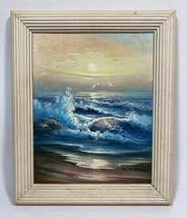 VINTAGE FRAMED 10″ x 8″ SUN RISE SEASCAPE OIL ON WOOD PANEL By J. JUSTIN