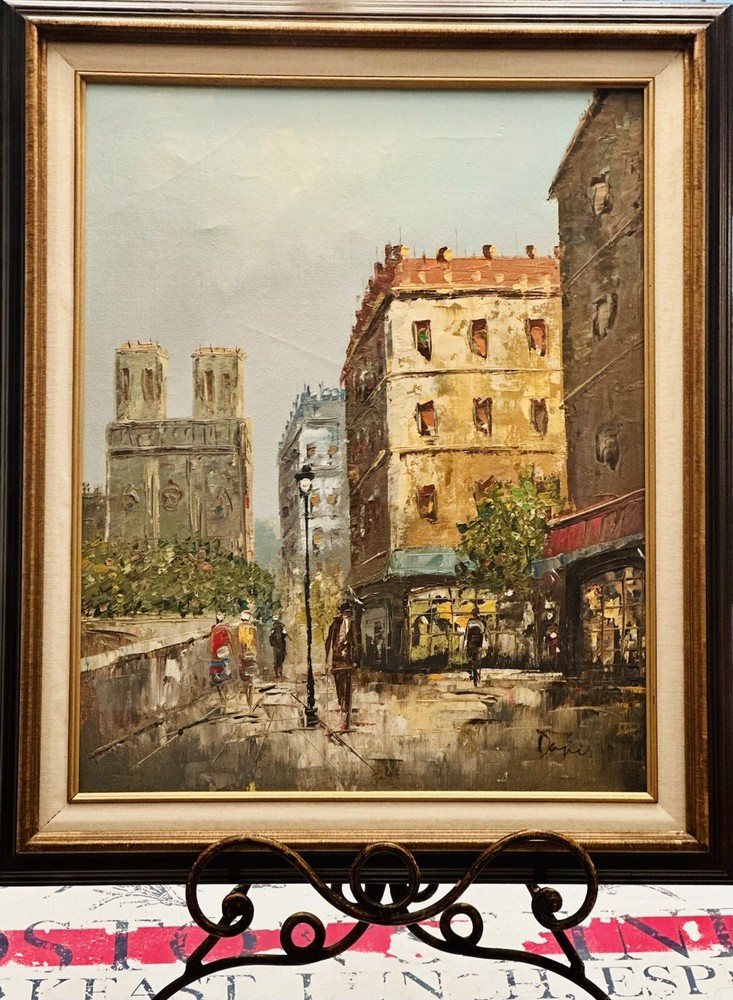 VTG Artist Signed Davis Original Oil On Board Paris Street Framed Painting 25×21