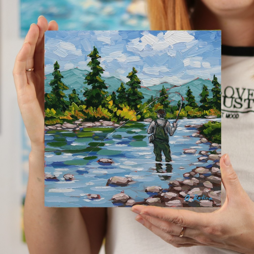 Fly Fishing Oil Painting Original River Mountain Landscape Art Impressionist Art