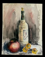 Original Unframed Watercolor „Madiera Bottle” 15 5/8”x12 3/8”Signed Denitz, Nice