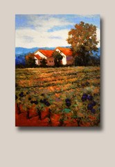 Acrylic on canvas landscape vineyard scene art with grapes, houses. Original