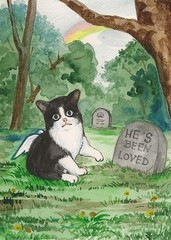 PRINT OF PAINTING ACEO RYTA TUXEDO BLACK CAT ANGEL CEMETERY HALLOWEEN folk art