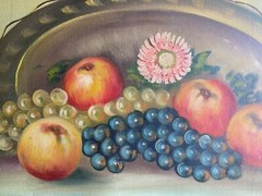 Oil painting still life fruit basket & flower grapes apples