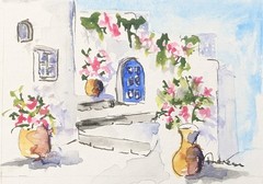 Santorini View – Original ACEO or ATC Unmatted watercolor miniature painting