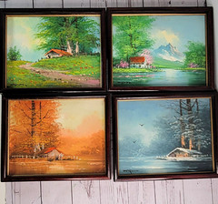 Four Season Painting Set Gallery Wall Cabin Nature Signed Framed Canvas