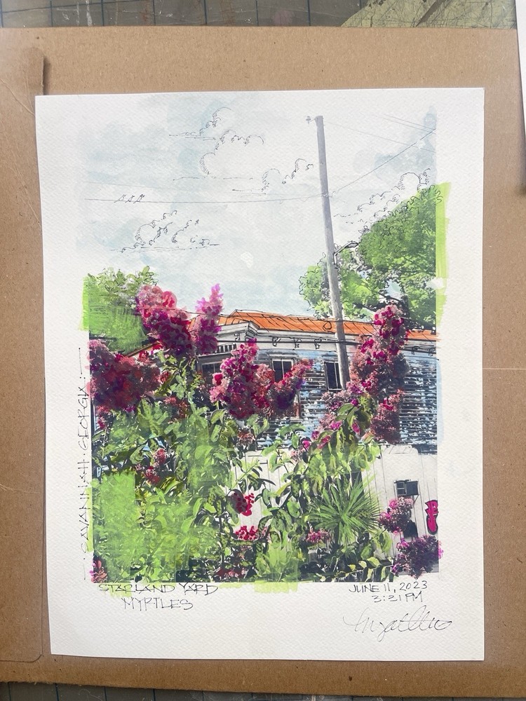 Savannah GA Art – 8.5×11 Starland Yard Myrtles – Mixed Media Photo & Gouache