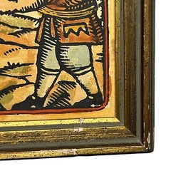 Vntg Catalan Trade Craft Tile Framed 6″ Watercolor Yarn Makers #48 1950s-1960s
