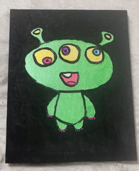 Custom Hand Painted Green Alien Painting on Canvas
