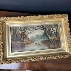 Antique 1800s Landscape Oil Painting DUCKS on POND Hudson River School Signed