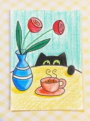 Original OOAK ACEO ART Black Cat Kitten with Hot Coffee N Woolmer ❤️
