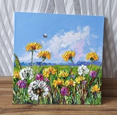 Original Oil painting Dandelions on Canvas board 25x25cm Flowers Artwork Signed