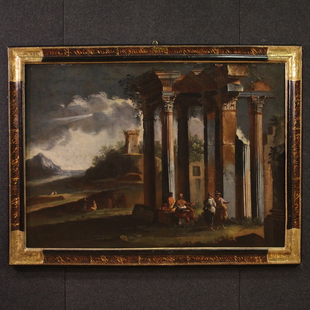 Capriccio landscape with architectures antique oil painting canvas 18th century