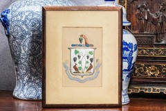 Fantastic Large Framed Antique Gouache Drawing Painting Armorial Coat of Arms