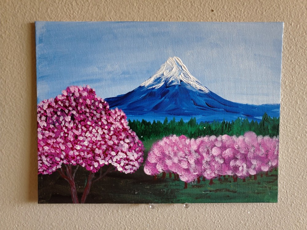 Handmade Painting Acrylic Art Panel 9x12x1/16in Decor Japan Mount Fuji Flowers