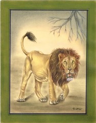 Animal Miniature Painting Of Lion Handmade Vintage Art On Paper 10.5×13.5 Inches