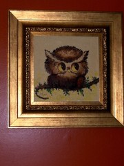 Authentic ORIGINAL Baby Owl Bird Brown Beige Happy Limb Tree Signed Oil Canavas