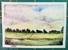 Painting by M. Hackney Landscape Sky Trees Watercolor, Signed Original, 2.5×3.5″