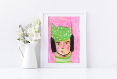 Winter Art Woman Portrait Painting Green Polka Dot Hat Naive Outsider Miz Katie