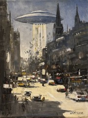 Original New Sci Fi Painting UAP UFO Flying Saucer Attack City Scene Canvas