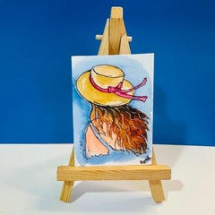 Original ACEO Watercolor Woman in Sun Hat Portrait Mini Painting Summer Artwork