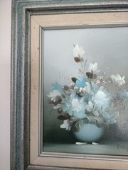 Vintage Floral Oil Paintings Set of 2 Signed Roxy Framed Blue White Cottage Art