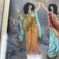 VTG Indian Mixed Media Dancing Women Art Silk Sari Fabric 3D Framed Painting