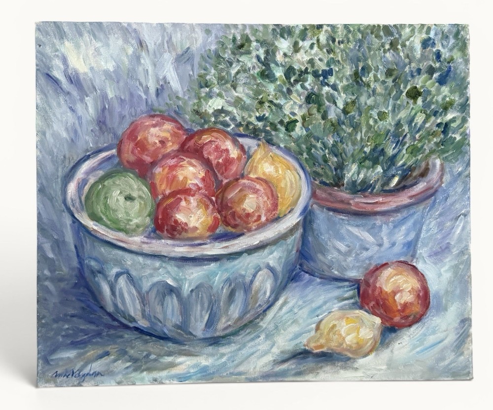 Original Oil Painting Still Life Fruit Bowl Signed Blue Green 24×20 Canvas Art