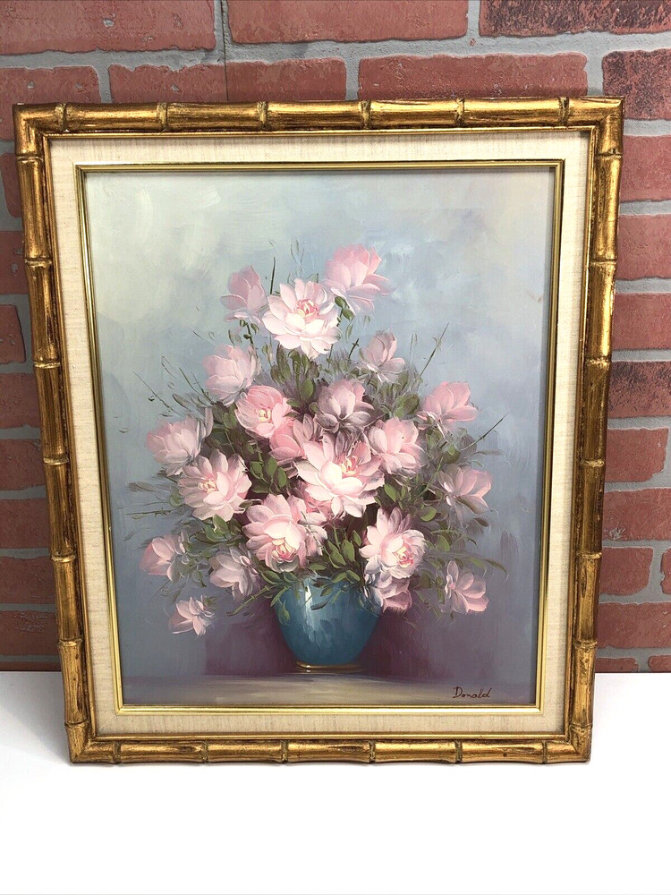 Original Painting Bouquet Pink Flowers in Vase Artist Signed Oil Acrylic Donald