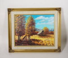 Vintage Oil Painting Autumn Landscape Signed Hope, Barn Scene, El Paso Texas Art