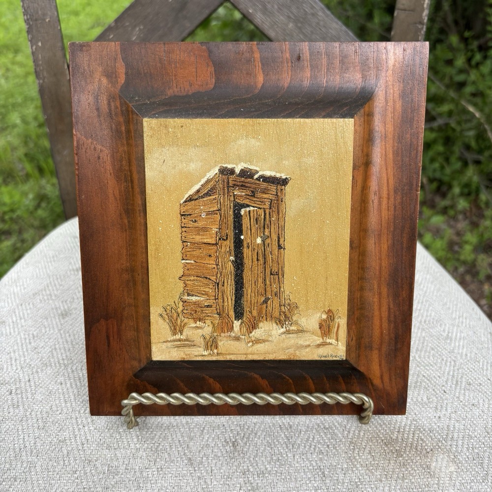 Vintage Outhouse Painting On Solid Wood Plaque With Beveled Edge 7”x 8”
