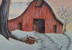 BARN PAINTING 8 X 10 -AMERICANA WINTER SCENE (WITH FRAME 14″ X 12″)