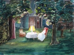 Vintage French Naive Folk Art Gouache Painting, Couple in a Garden, Night Scene
