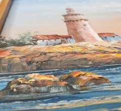 Lighthouse Seascape Oil Painting Sunset Boat Signed M Gartland Beach House Decor