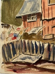 2 Sided VTG Modern Folk Female Porch Cat Farm Landscape Aviation Plane Painting