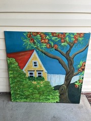 Contemporary Floral Apple Tree Folk Art Cottage Oil Painting North Carolina USA
