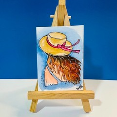 Original ACEO Watercolor Woman in Sun Hat Portrait Mini Painting Summer Artwork