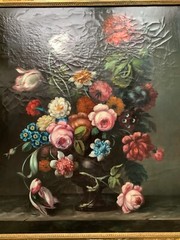 19th – Oil Canvas Painting – Dutch Bouquet of Flowers in a Vase Roses Tulips