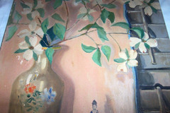 1900s Still Life Oil Painting ; Dogwood Flowers Vase Porcelain Asian Figure