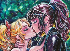 Original Female Couple Kiss Painting A4 Handmade Fantasy Artwork LGBTQ Artwork
