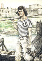 Rafael Tardio Alonso Original Spanish Painting Artwork Young Fisherman Spain