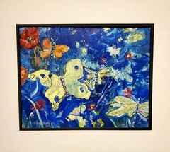 Red Poppies and Butterflies on B1ue, matted 16×20, by Patsy Heller ala Van Gogh.