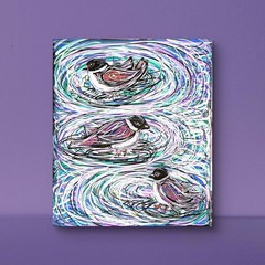 Three Birds In Puddles – Original 11×14 Acrylic Painting Paper Modern.
