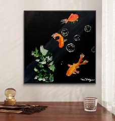 Mary Myers Original Goldfish Bubbles 10×10 Acrylic Signed Expressionist Wildlife